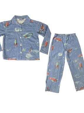 Garnet Hill Space Rocket SpaceShip Kids PJs size 8 Flannel Pajamas Top + Bottom